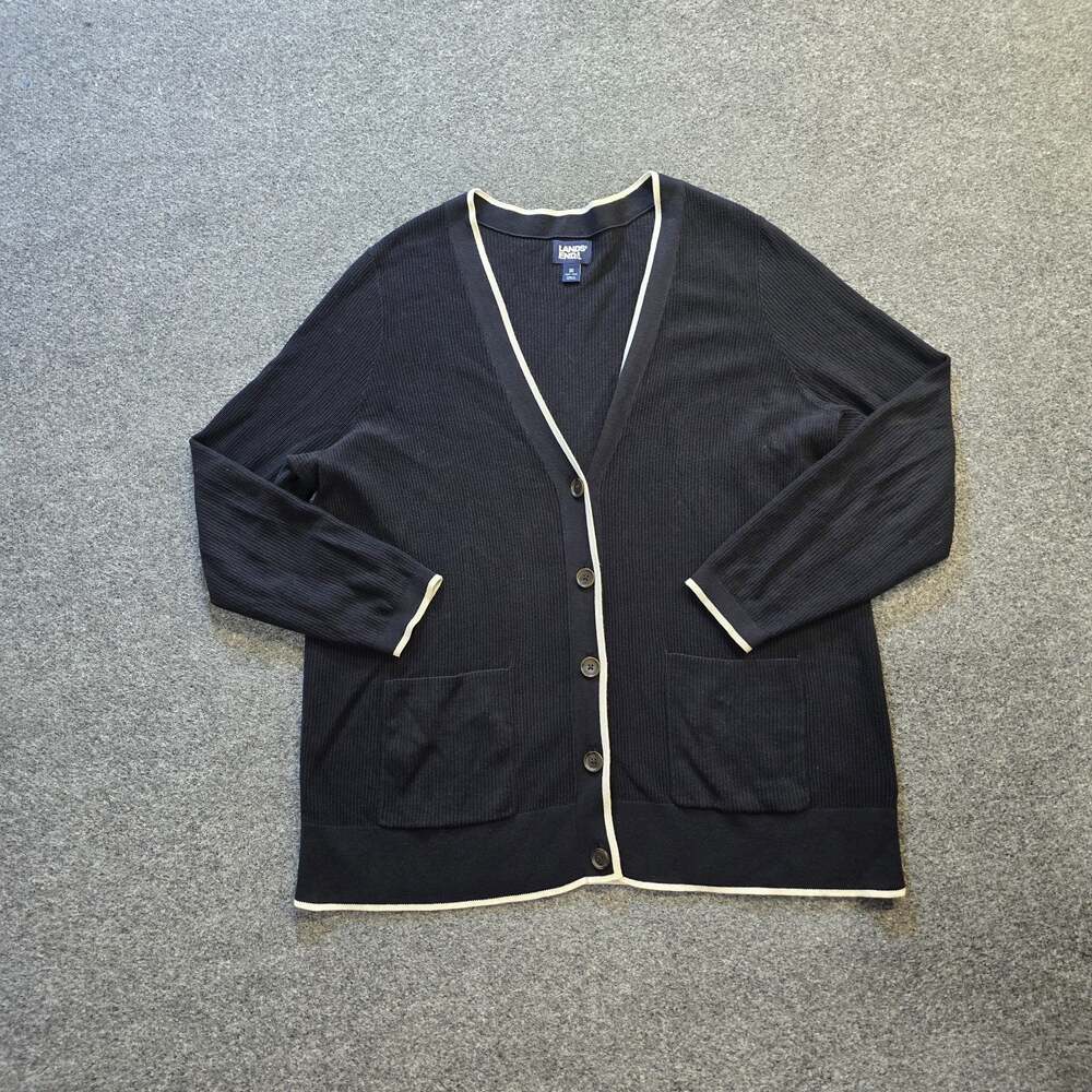 Lands End Sweater Womens Size 1X Black Cardigan Ribbed Knit Long Pockets Casual